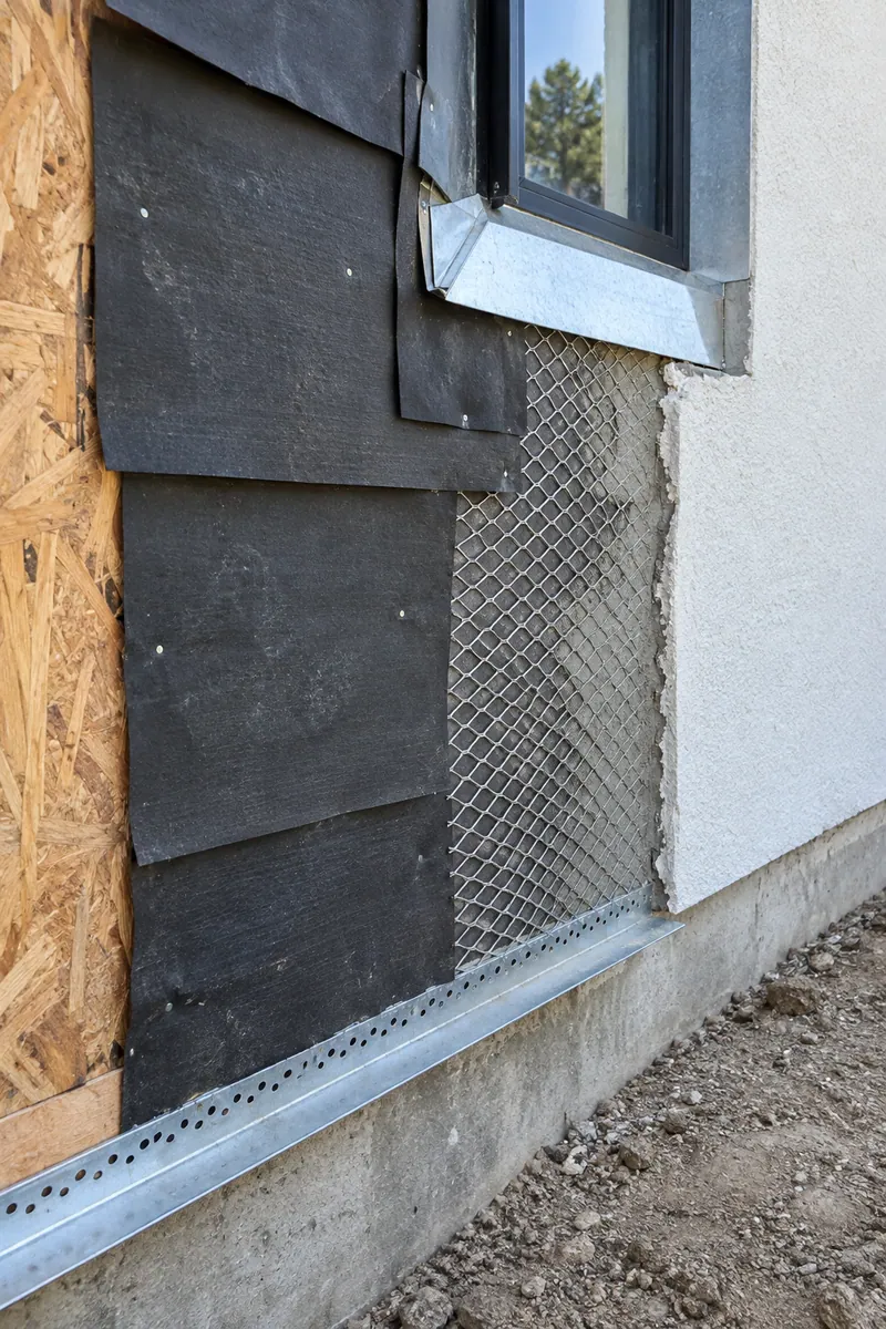 Stucco wall section on a Los Angeles house showing building paper, lath and a weep screed at the base