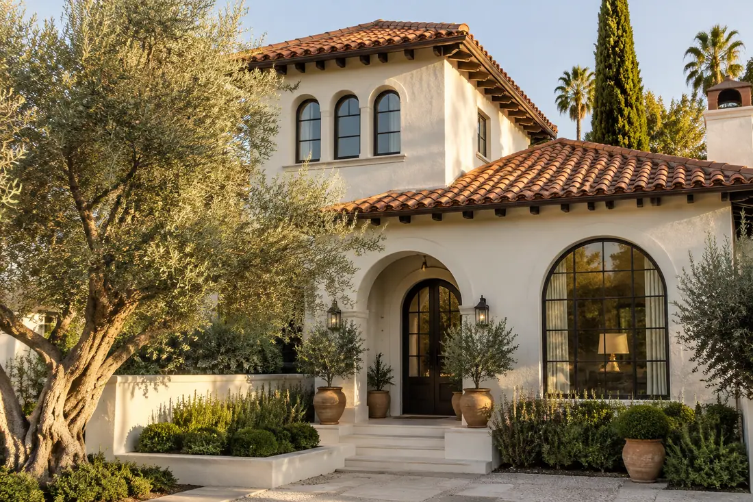 Mediterranean-style home in Los Angeles with a new terracotta tile roof and stucco walls