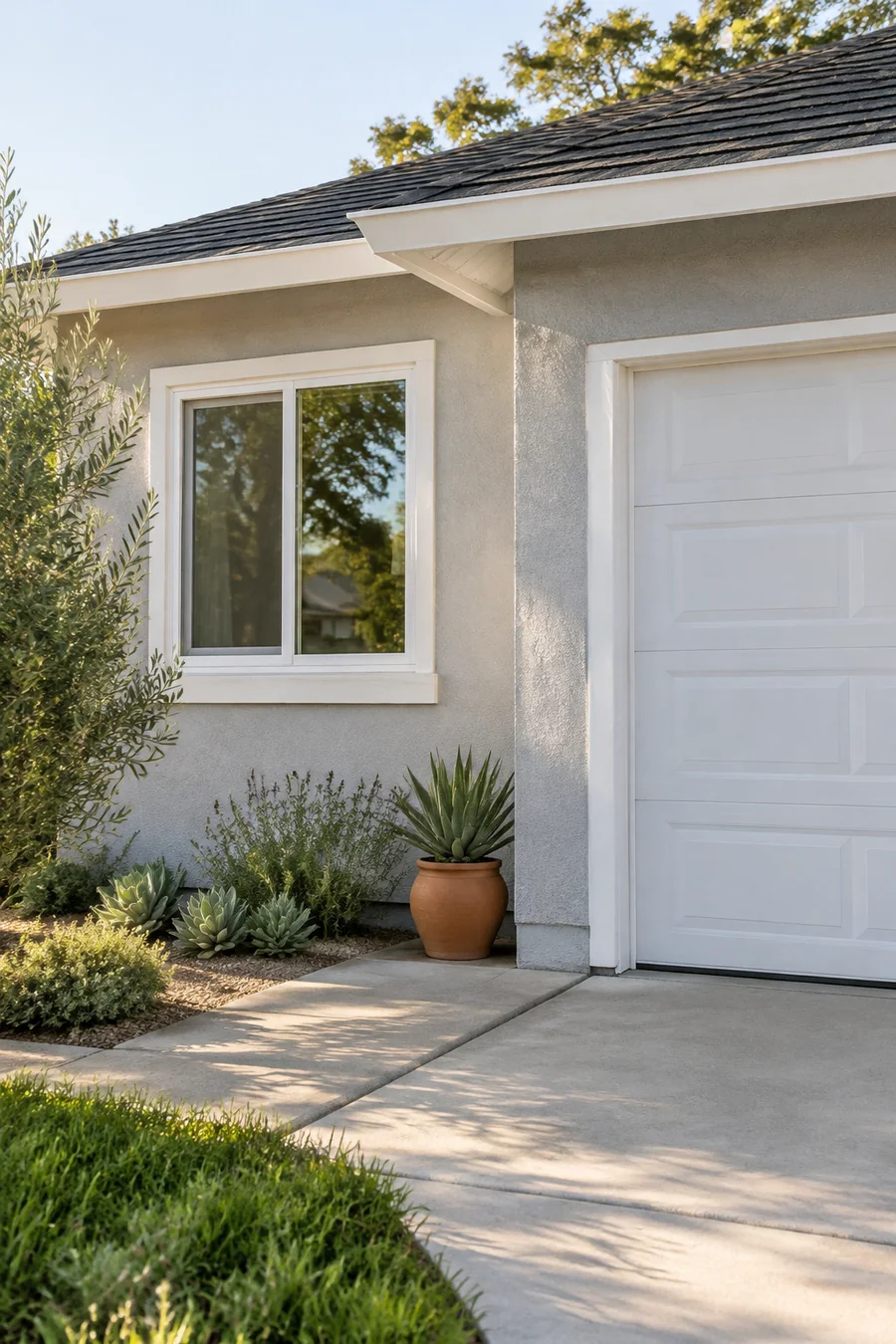 Corner of a repainted postwar stucco house in Commerce, CA with a new dual-pane window and an insulated garage door