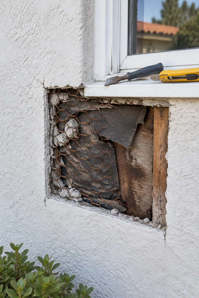 Cut-open stucco on a 1950s Commerce, CA house wall showing old wire lath and brittle building paper behind