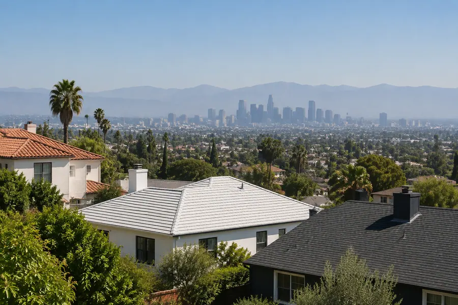Bright light-colored roofing on a Los Angeles home under a clear summer sky