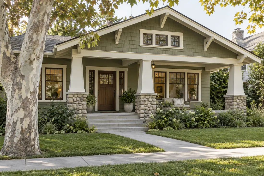 Craftsman bungalow in Los Angeles with wood lap siding, deep eaves and divided-lite windows