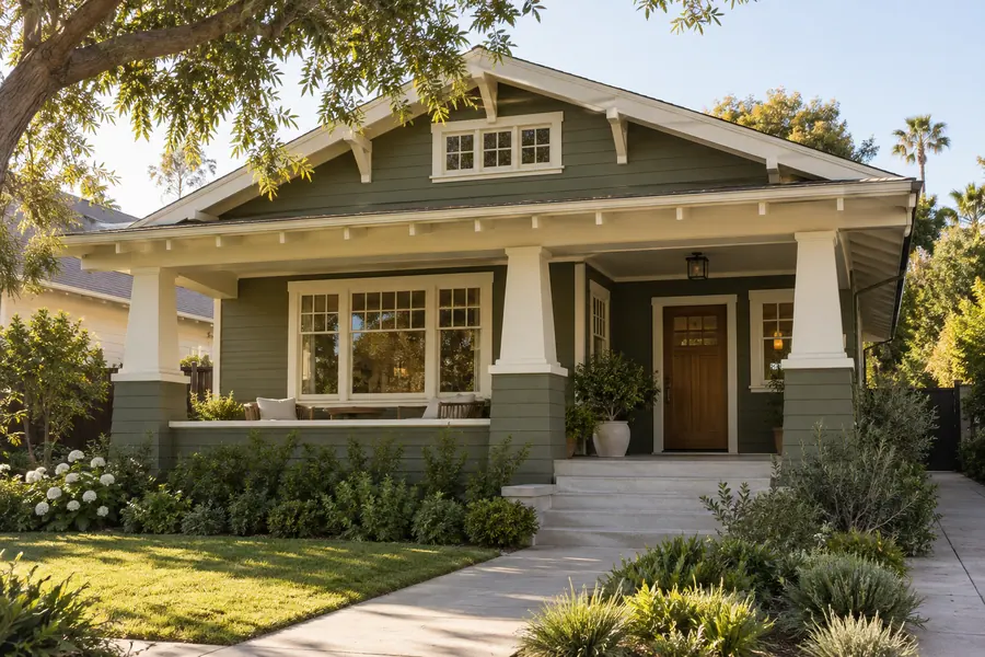 Craftsman exterior design with new lap siding, deep eaves and a painted porch