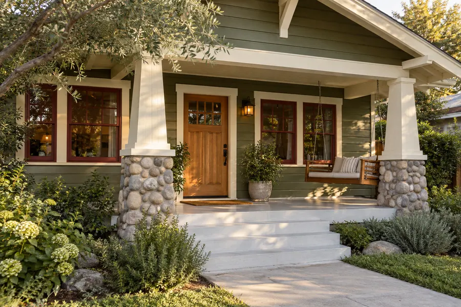 Repainted wood siding and tapered porch posts on a Craftsman bungalow in Los Angeles