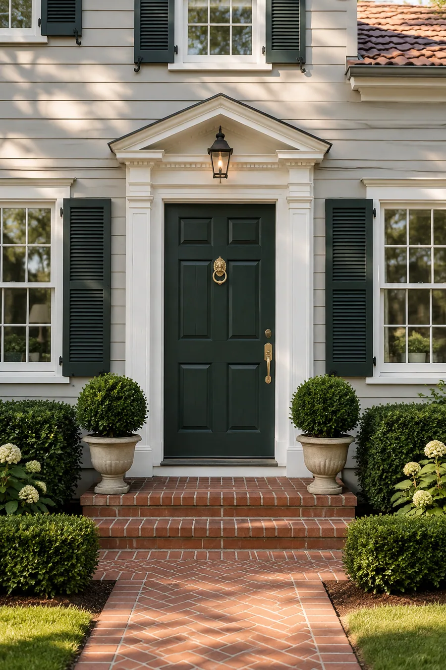 Colonial Revival house front in Culver City, CA with new divided-lite windows and a repainted paneled entry door