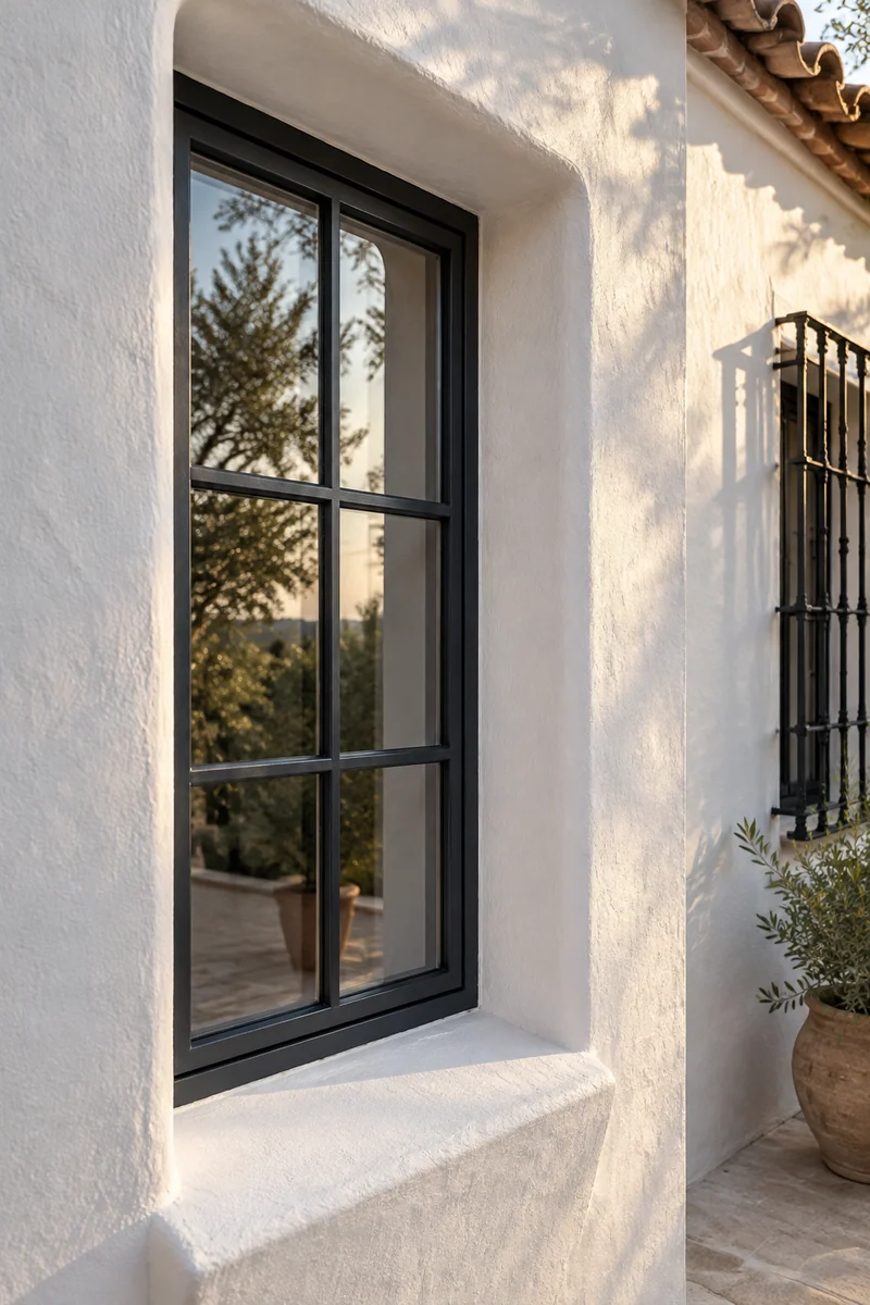 Slim steel-look casement window set deep in a thick stucco wall of a Spanish-style house in Culver City, CA