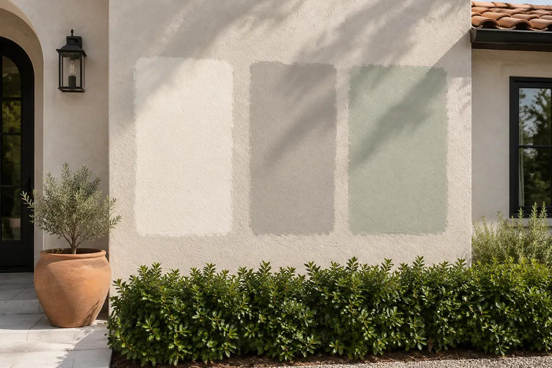 Three large exterior paint color samples painted side by side on a stucco wall in afternoon light