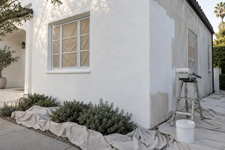 Exterior painting in its final phase with drop cloths, masked windows and fresh stucco paint