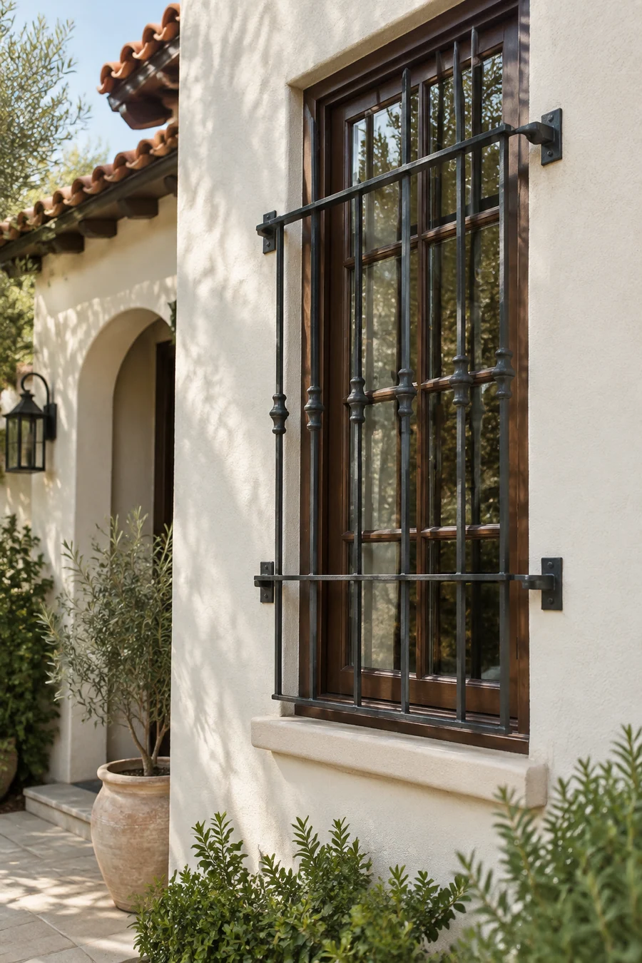 Fresh satin trim paint around a wood window on a smooth stucco wall of a Los Angeles home
