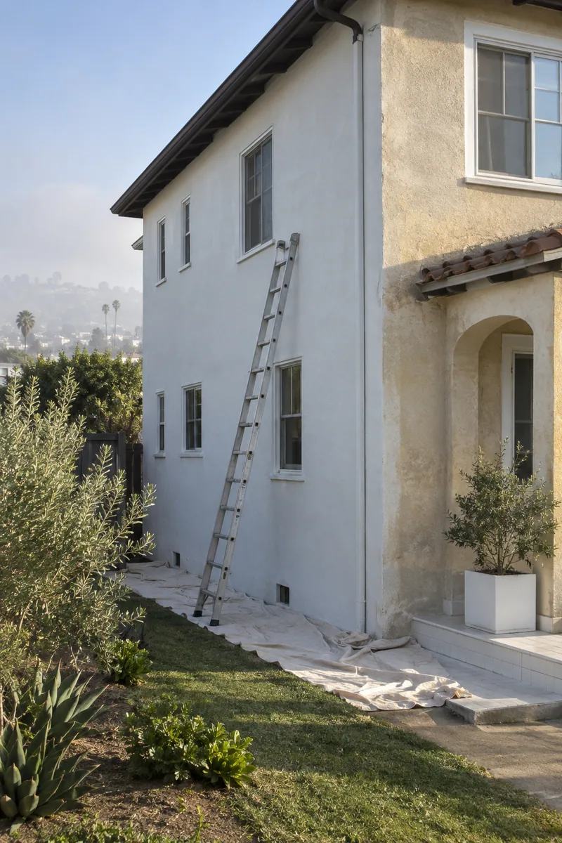 Shaded west wall of a Los Angeles stucco house mid-repaint while the sunny side waits