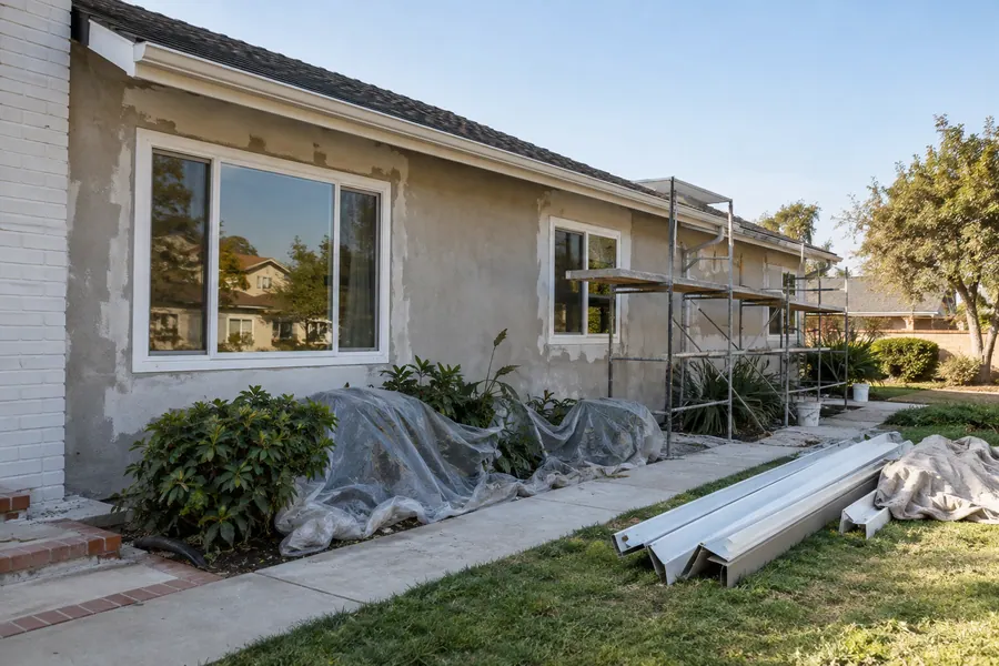 Los Angeles ranch house mid exterior remodel with new windows in and walls ready for paint