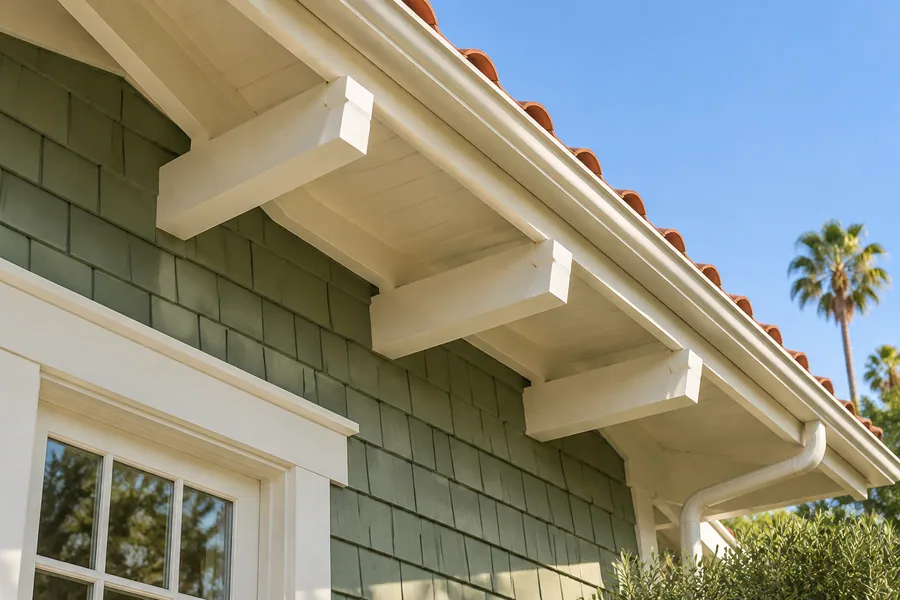 Freshly painted rafter tails, eaves and fascia on a Craftsman house in Los Angeles