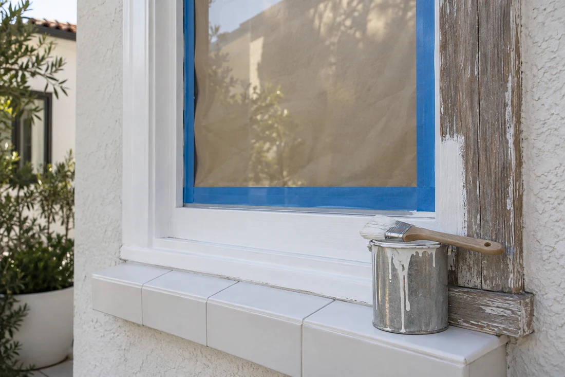 Window masked with paper and tape while its wood trim is brushed with fresh satin paint