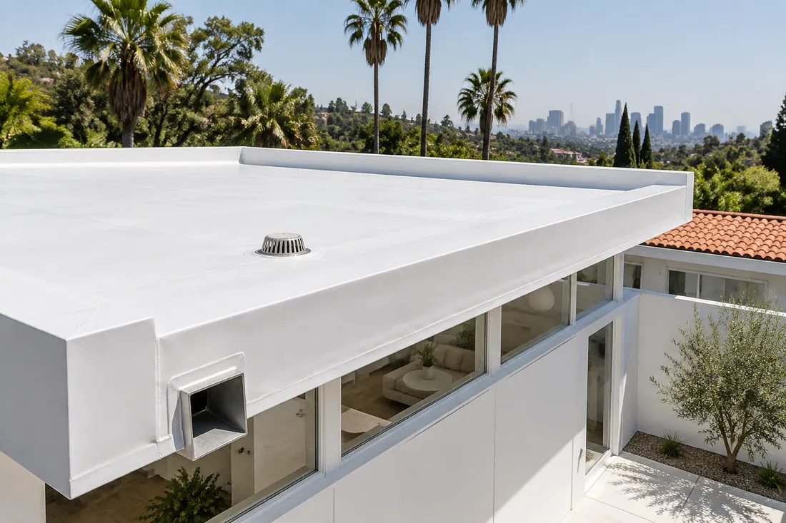 White single-ply membrane on the flat roof of a mid-century home in Los Angeles