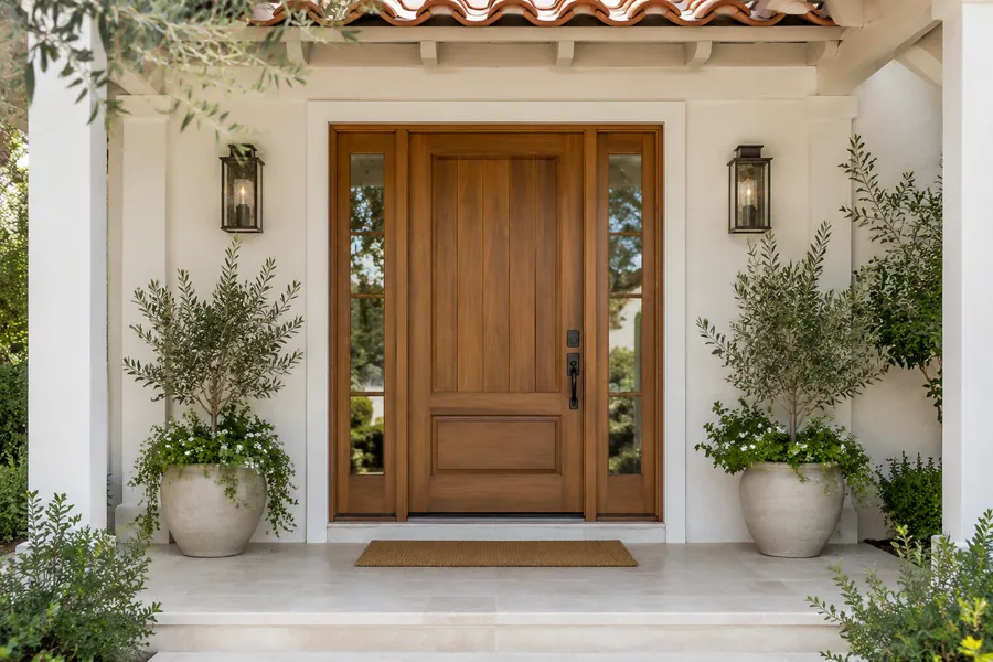 New wood front entry door with glass sidelights on a Los Angeles home