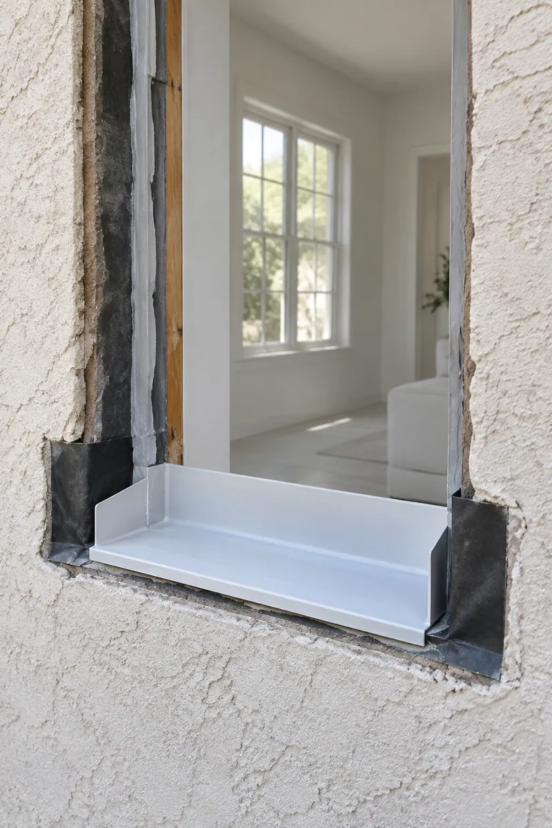 Window opening in an Inglewood stucco wall with a new sill pan and flashing tape before the window is set