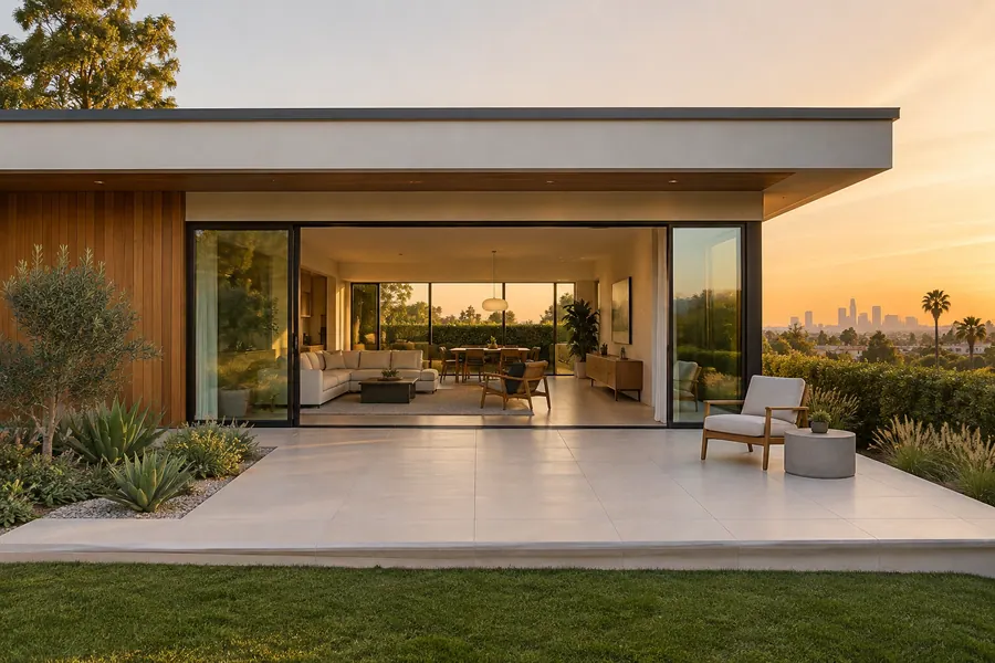 Mid-century exterior design with wide sliding doors and a flat roof