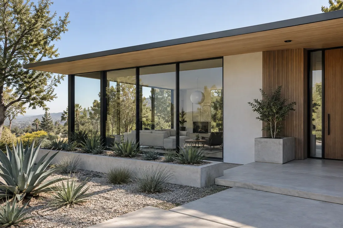 Mid-century modern Los Angeles house with a flat roof, wide glass and clean stucco planes