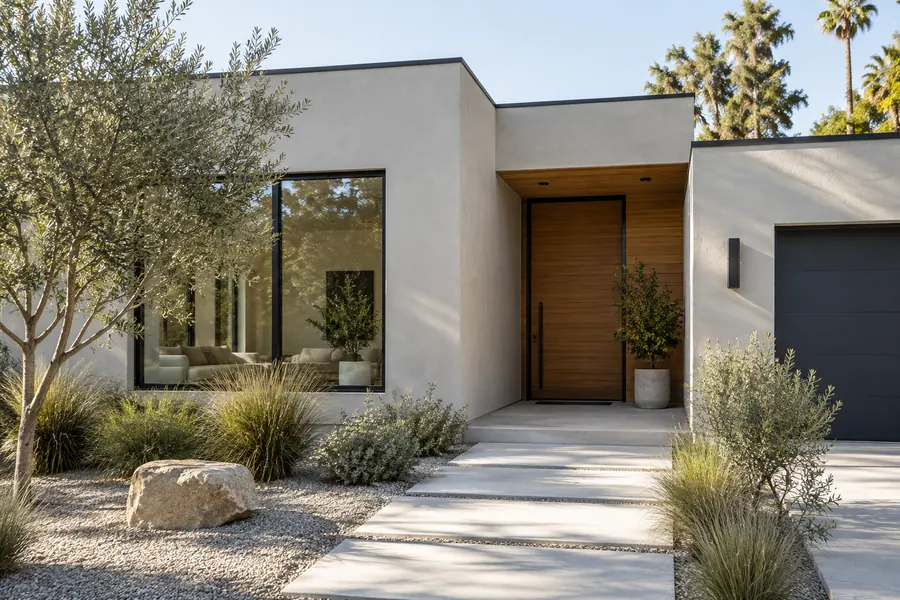 Modern stucco exterior design with dark window frames and clean lines