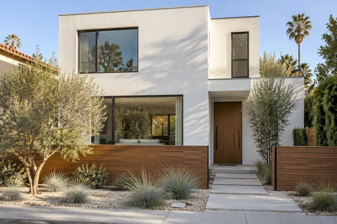 Modern flat-fronted stucco house in Los Angeles with a parapet roof and dark window frames