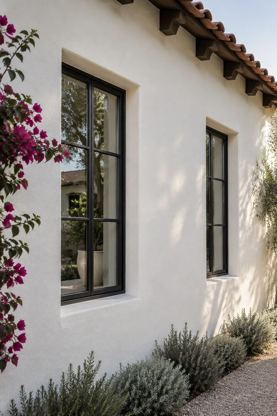 New dual-pane windows set deep in a smooth stucco wall on a Los Angeles home