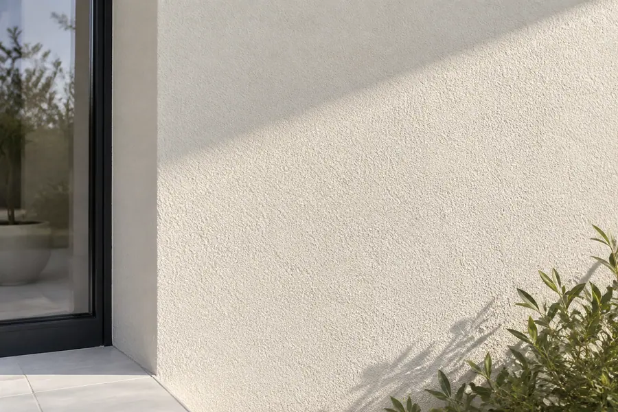 Close view of a freshly painted sand-finish stucco wall with a smooth, even coating