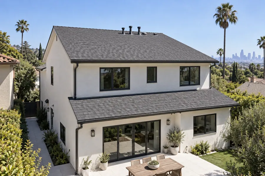 New shingle roof on a Los Angeles house ready for solar panels, with clean flashing and vents