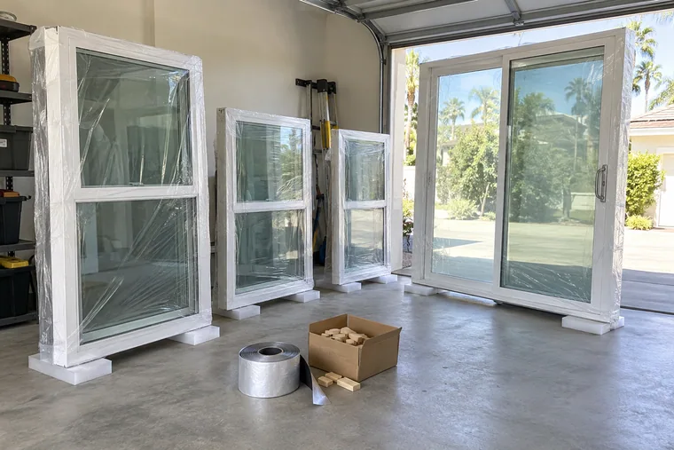 Wrapped replacement windows and a door stacked in a garage before installation