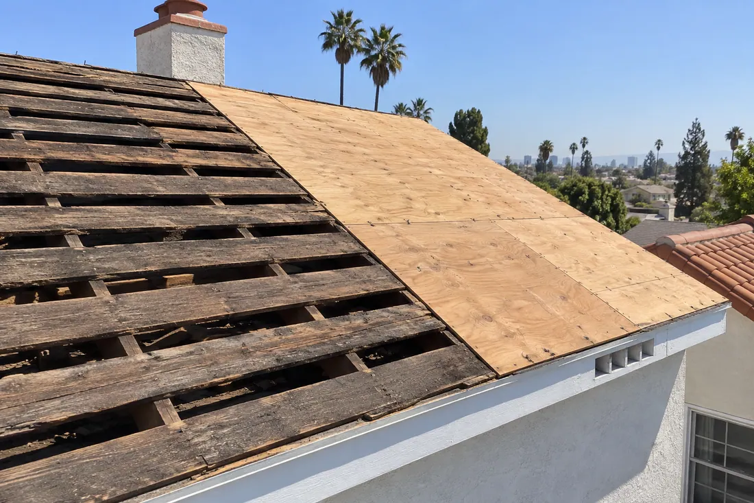 New plywood going over old skip sheathing boards on an older Los Angeles roof