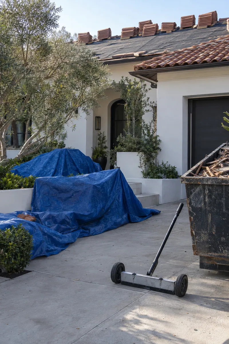 Tarps over shrubs and a magnetic nail sweeper on the driveway during a roof tear-off