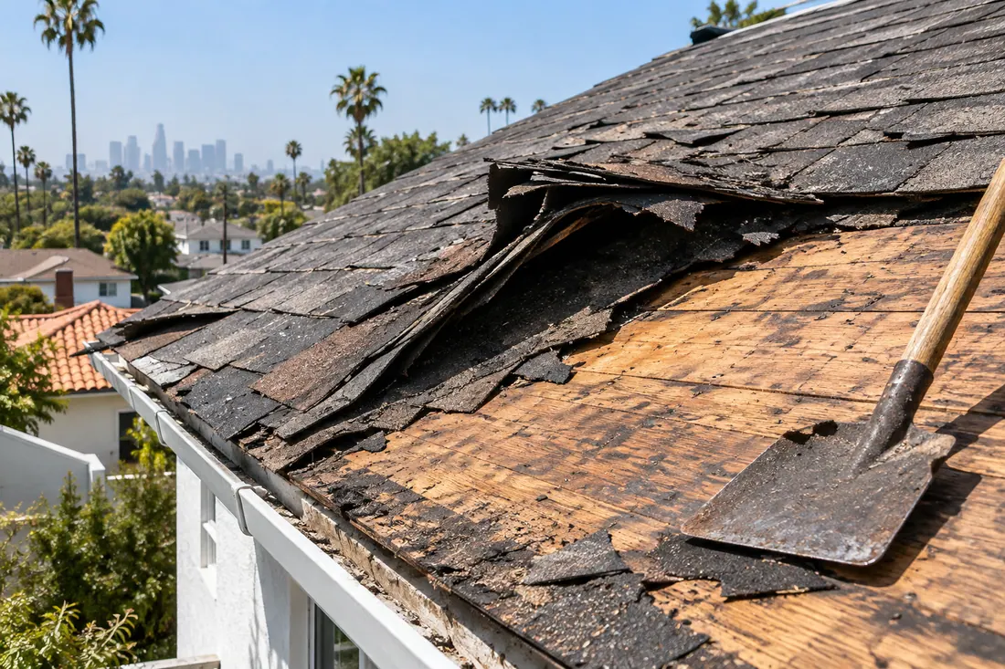 Two old shingle layers peeled back on a roof, showing the wood deck underneath