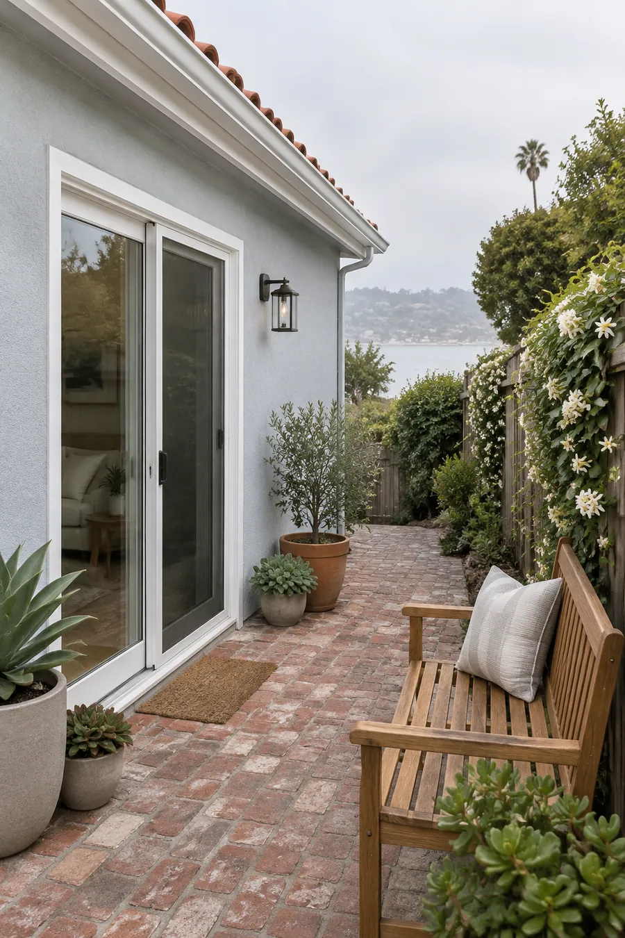 Small 1940s one-story house in Santa Monica, CA with a new sliding glass door and repainted stucco