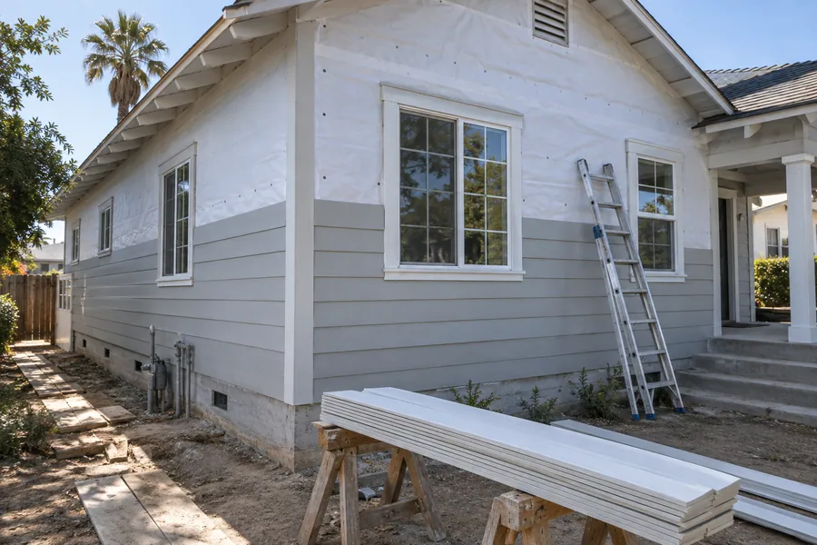 Fiber-cement lap siding being installed over a new weather barrier on a Los Angeles house
