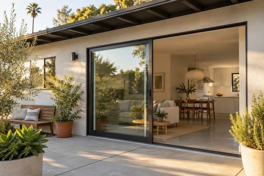 New sliding glass door opening onto a back patio of a Los Angeles home