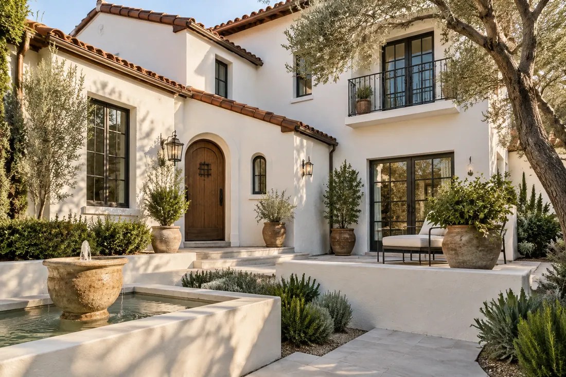 Spanish Revival house in Los Angeles with smooth stucco, clay tile and deep-set windows