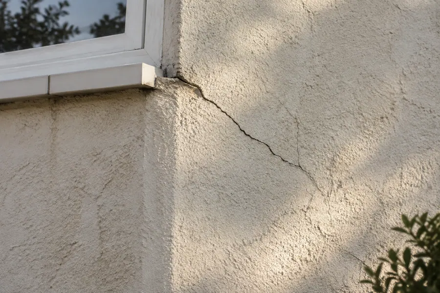 Cracked stucco wall next to a window on a Los Angeles house before repair