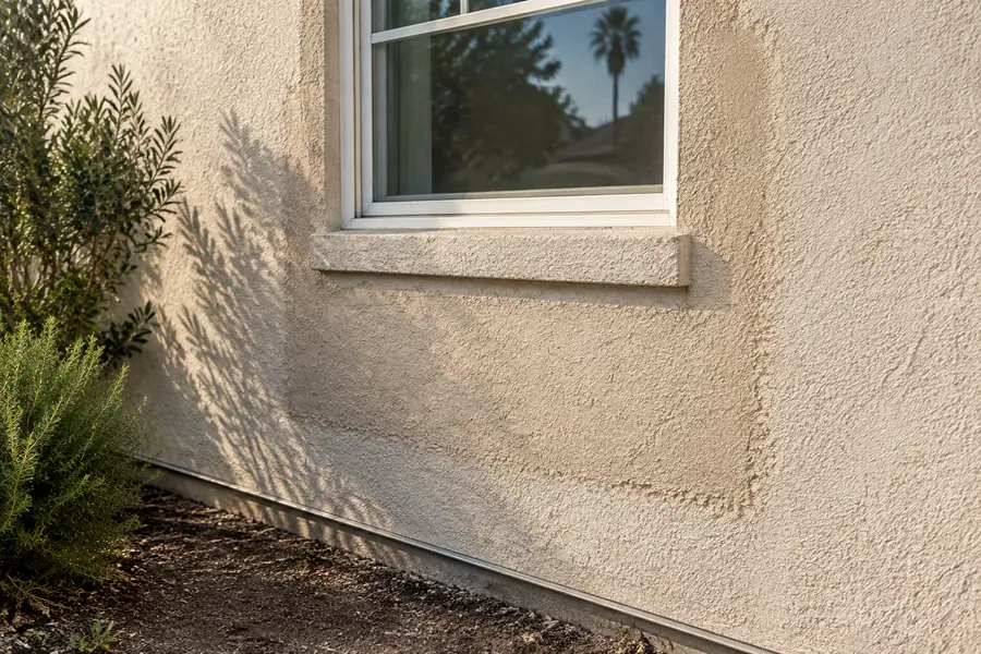 Stucco wall on a Los Angeles house with a repaired section matched to the original texture