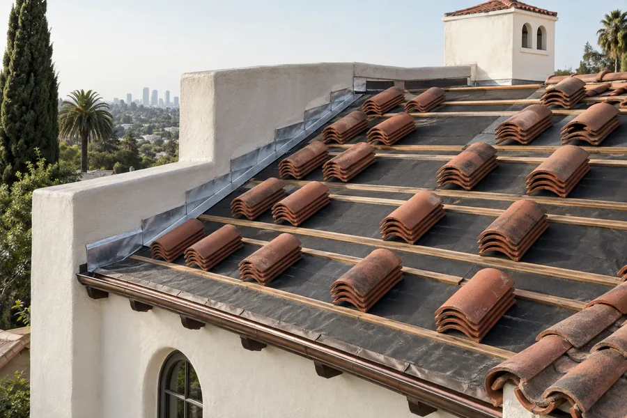 Clay roof tiles stacked on battens while new underlayment goes down on a Spanish Revival roof