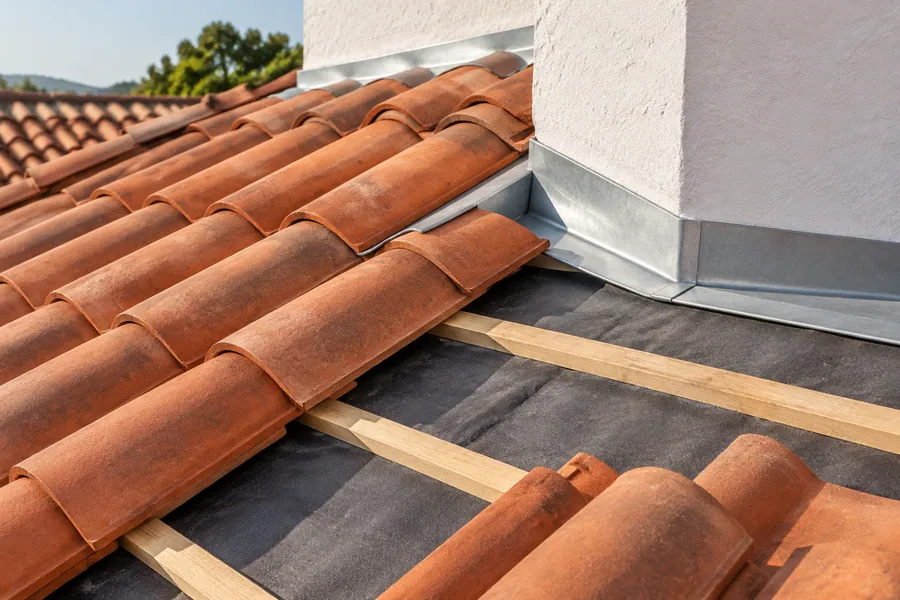 Close view of red clay roof tiles set back on battens over new underlayment