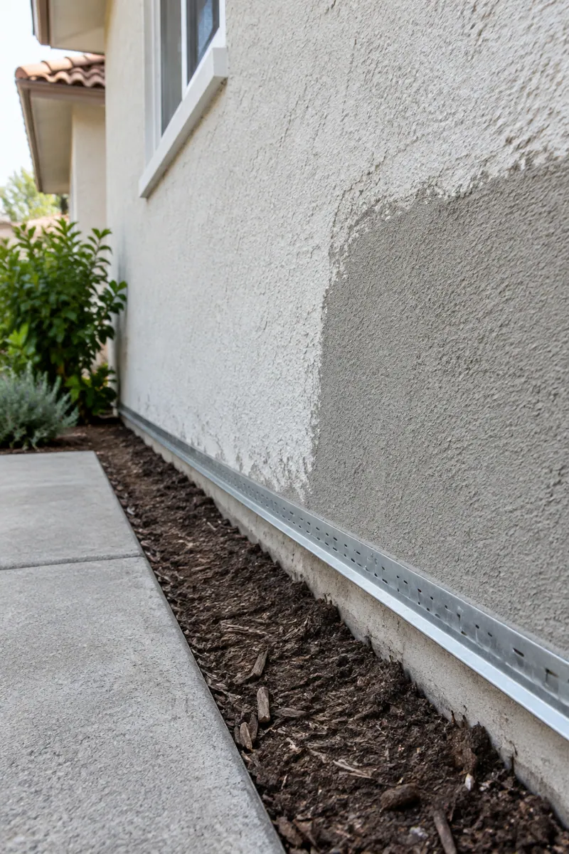 New stucco weep screed above the slab line on a Torrance tract home, with a freshly patched sand finish