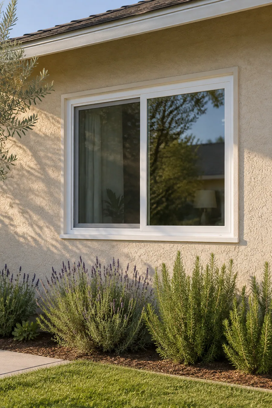 New retrofit dual-pane window set into the original stucco wall of a Torrance tract home