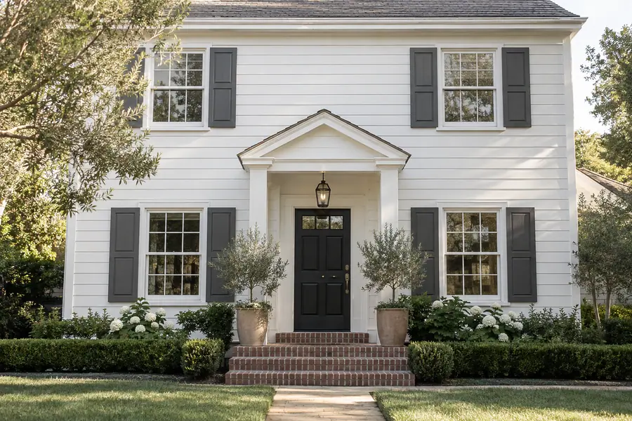 Traditional house front design with a new entry door and painted shutters