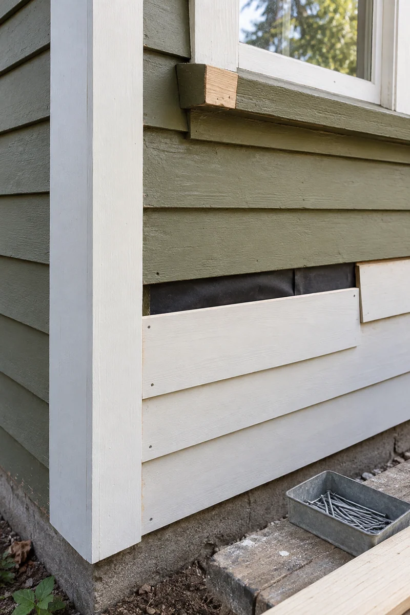 New primed wood lap siding boards pieced into old Craftsman siding at a corner board in Whittier, CA