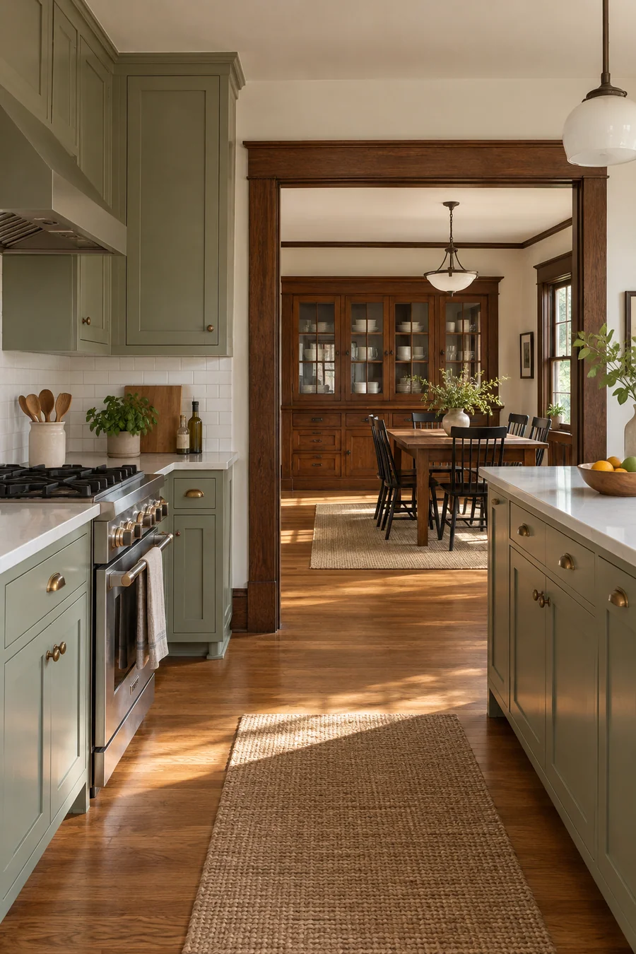 Remodeled Craftsman kitchen opening to the dining room, with painted wood cabinets and original-style trim