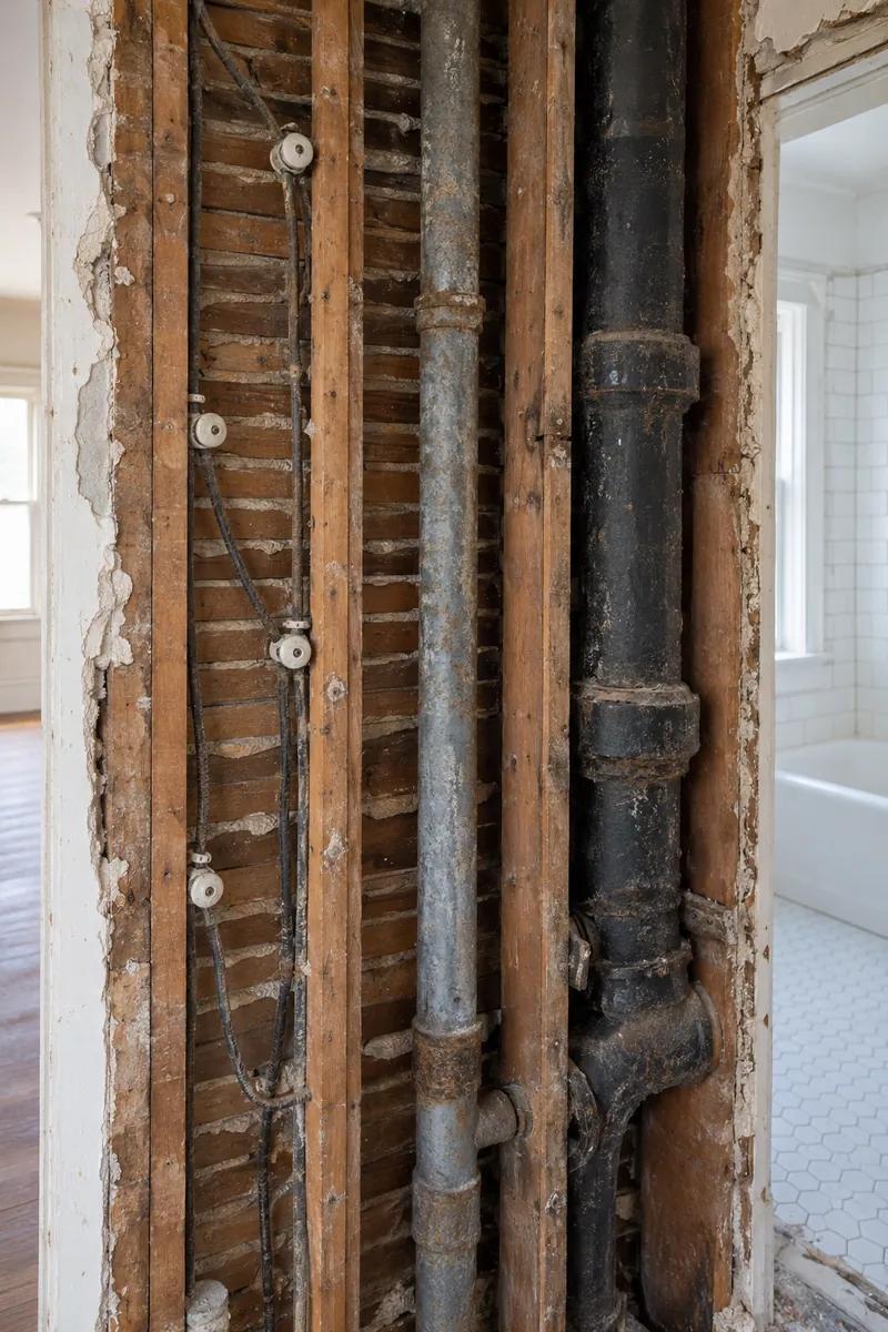 Opened plaster wall in an older Los Angeles house showing old wiring and galvanized pipe