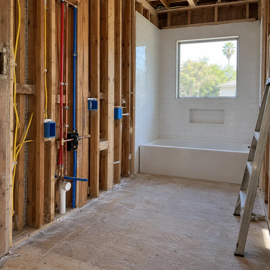 Open stud walls with new wiring and plumbing in a Los Angeles house remodel, before the rough inspection