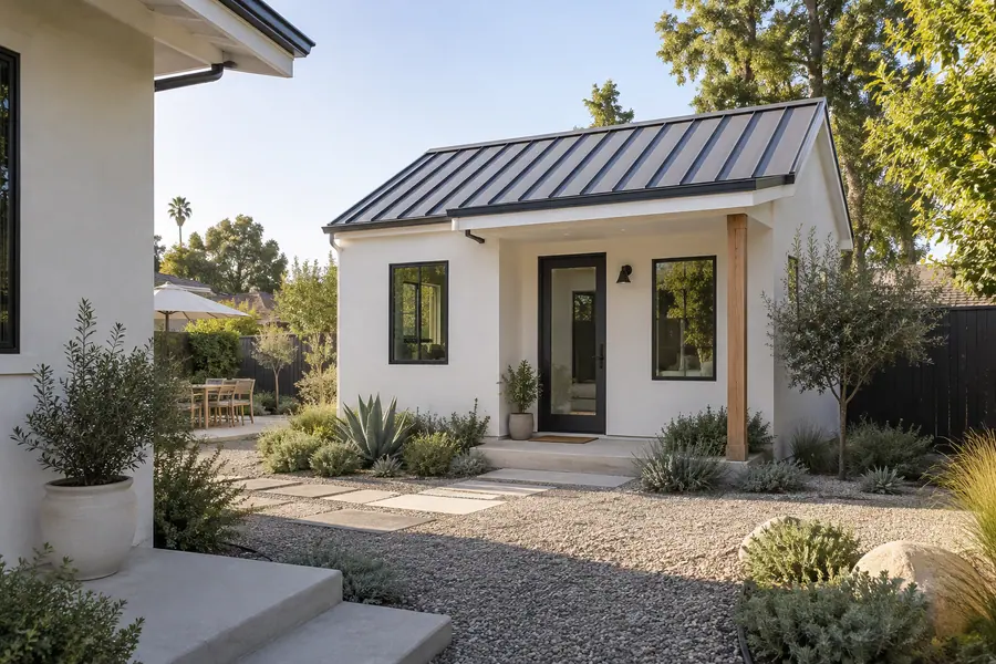 Detached backyard ADU with white stucco, a small covered porch and a gravel path in Los Angeles