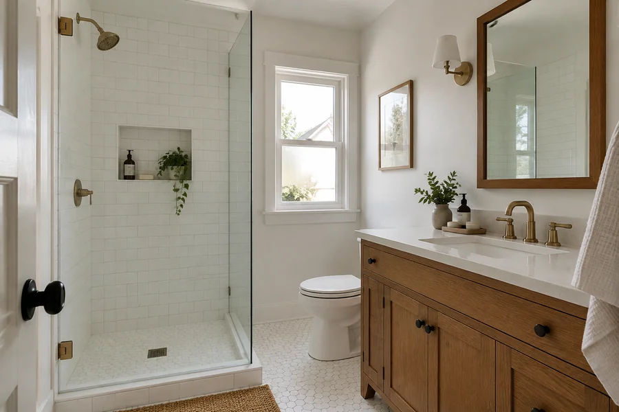 Remodeled Craftsman bathroom with a glass walk-in shower, white subway tile and a wood vanity