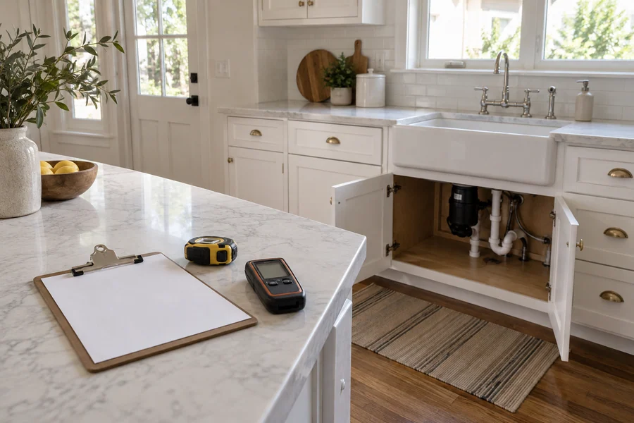 Clipboard, tape measure and moisture meter on a kitchen work surface before a contractor's walkthrough