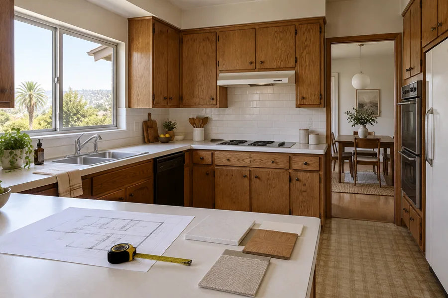 Dated Los Angeles kitchen with plans, a tape measure and finish samples laid out to price a remodel